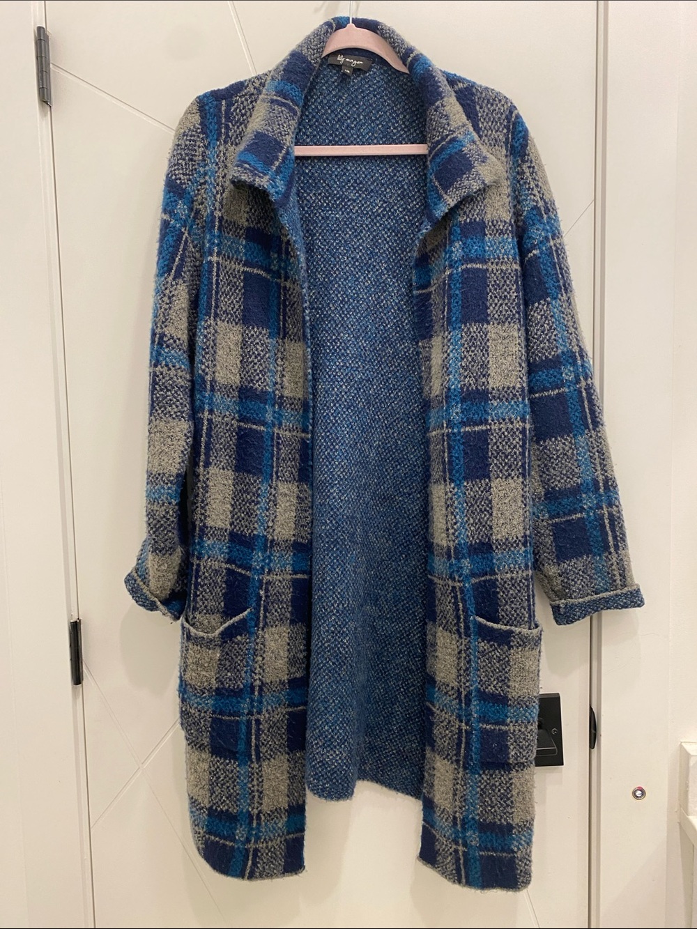 Lily Morgan L Blue Gray Plaid Open Front Coatigan | Oversized Chunky Knit - Picture 3 of 11